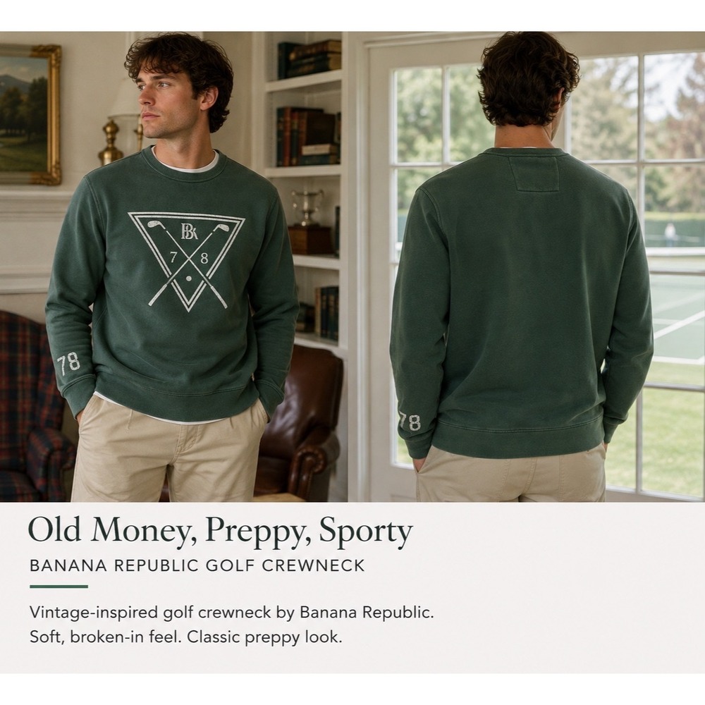 Banana Republic Mens Golf Crewneck Sweatshirt Green Preppy Graphic Pullover M‎